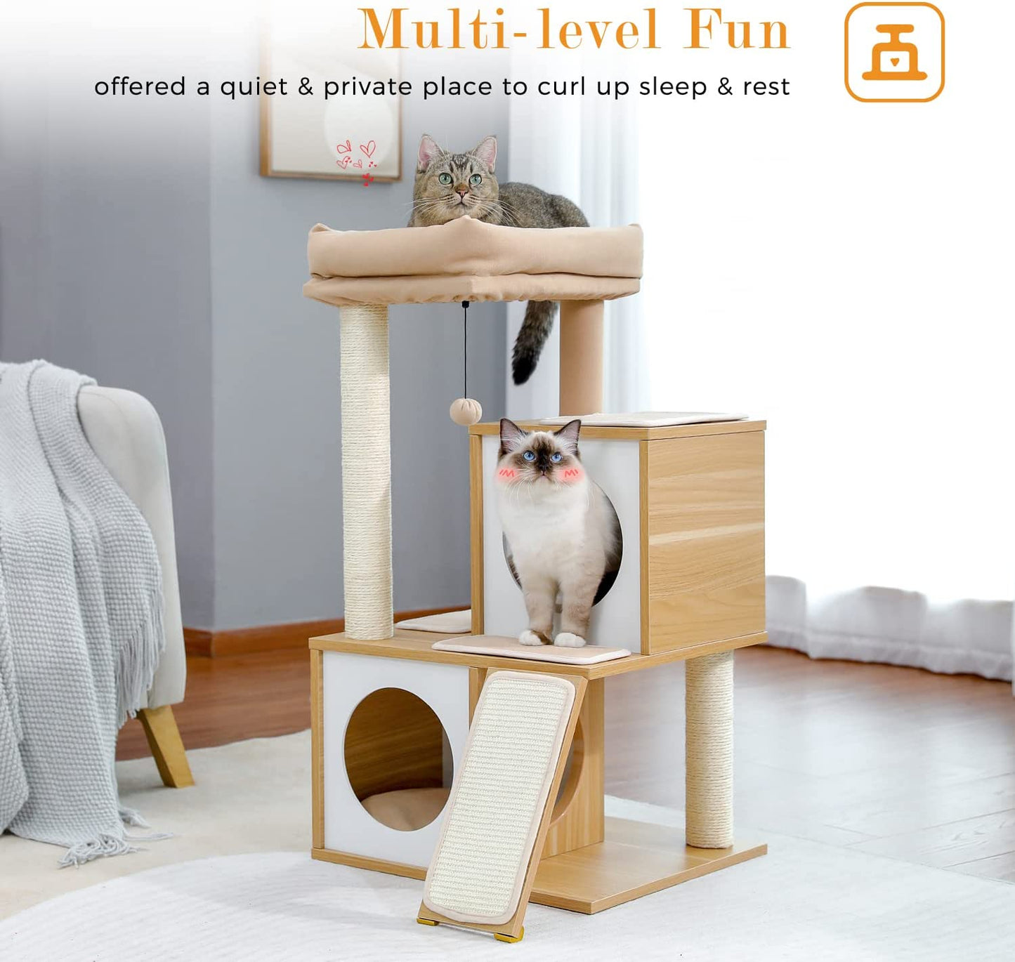 Luxurious 35-Inch Wooden Cat Tree with Double Condos, Spacious Perch, and Durable Sisal Scratching Posts - Perfect for Your Feline Friend!