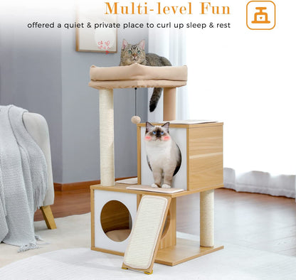 Luxurious 35-Inch Wooden Cat Tree with Double Condos, Spacious Perch, and Durable Sisal Scratching Posts - Perfect for Your Feline Friend!