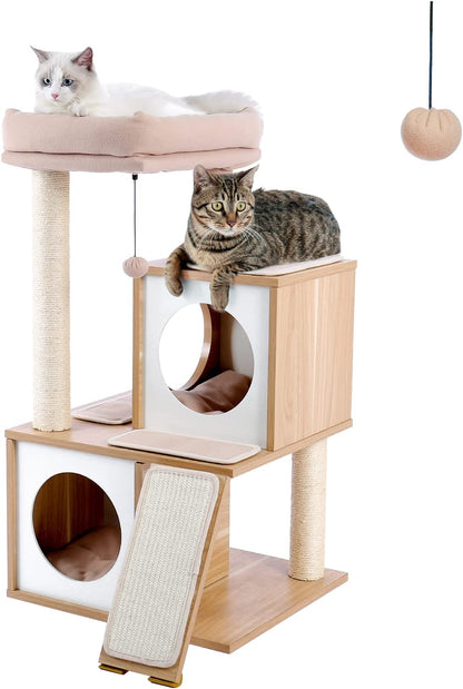 Luxurious 35-Inch Wooden Cat Tree with Double Condos, Spacious Perch, and Durable Sisal Scratching Posts - Perfect for Your Feline Friend!