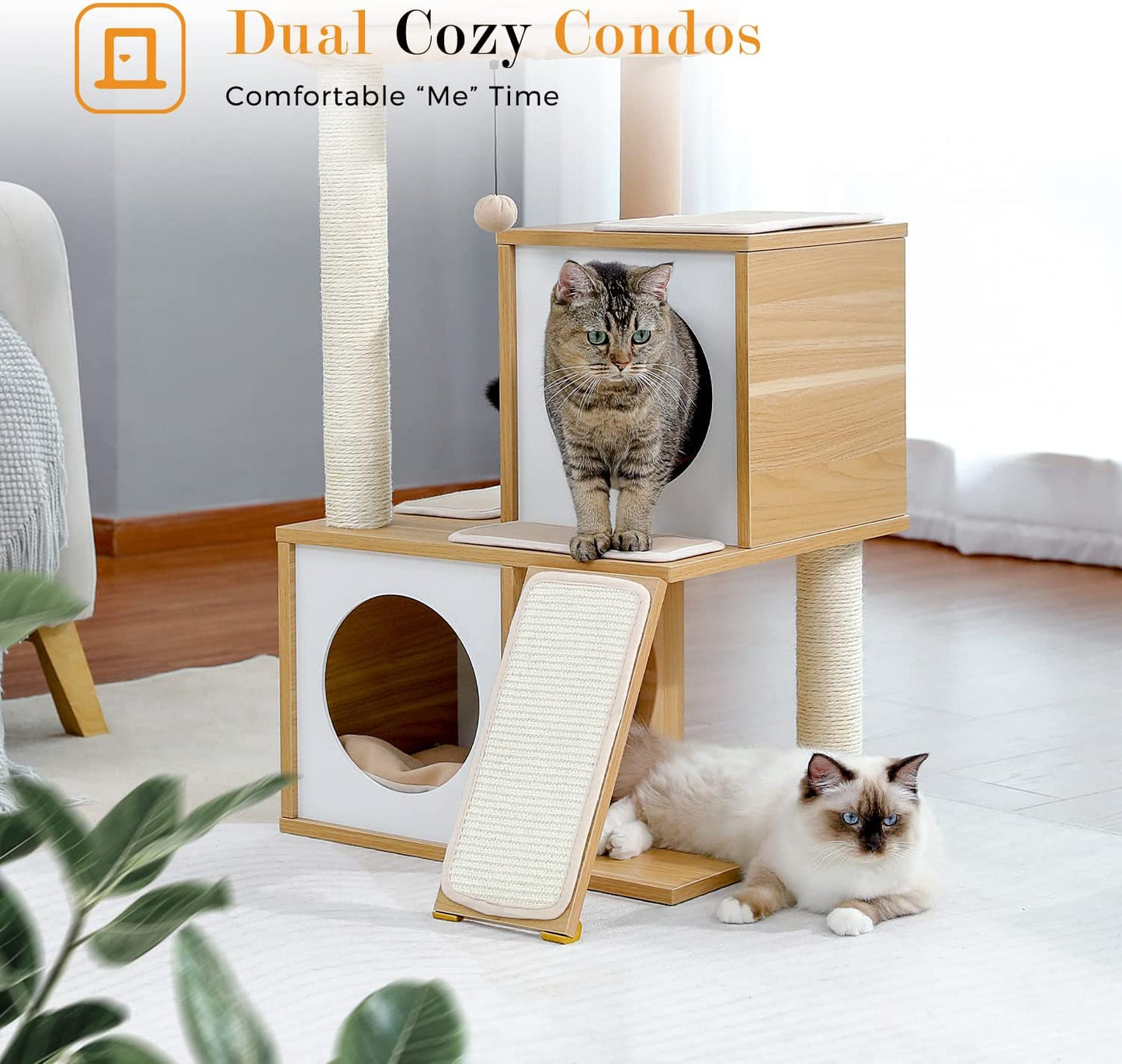 Luxurious 35-Inch Wooden Cat Tree with Double Condos, Spacious Perch, and Durable Sisal Scratching Posts - Perfect for Your Feline Friend!