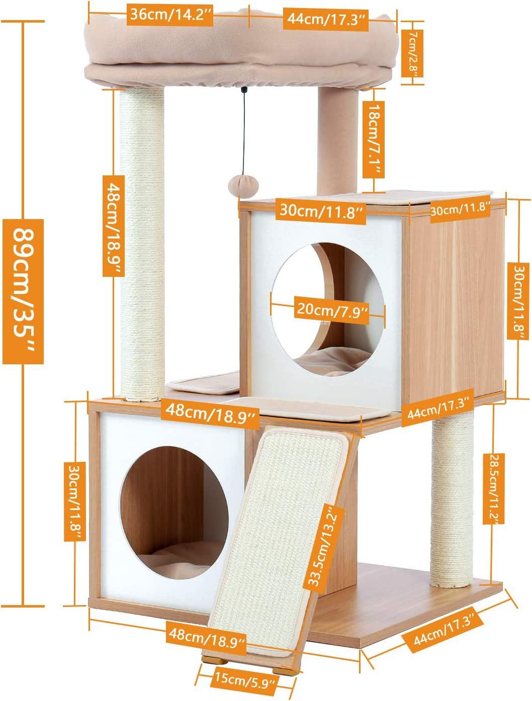 Luxurious 35-Inch Wooden Cat Tree with Double Condos, Spacious Perch, and Durable Sisal Scratching Posts - Perfect for Your Feline Friend!