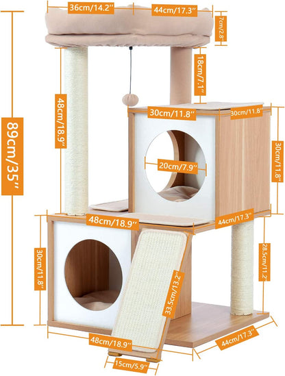 Luxurious 35-Inch Wooden Cat Tree with Double Condos, Spacious Perch, and Durable Sisal Scratching Posts - Perfect for Your Feline Friend!