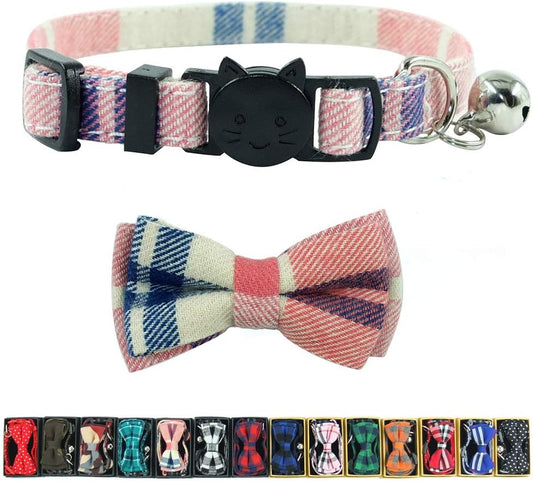 Charming Pink Plaid Adjustable Breakaway Cat Collar with Removable Bow Tie and Bell - Perfect for All Life Stages!