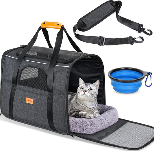 Soft Cat Carrier for Medium to Large Cats up to 20 lbs - Features Dual-Sided Cushion, Secure Buckle, and Foldable Bowl - Also Suitable for Small Dogs (Dark Gray)